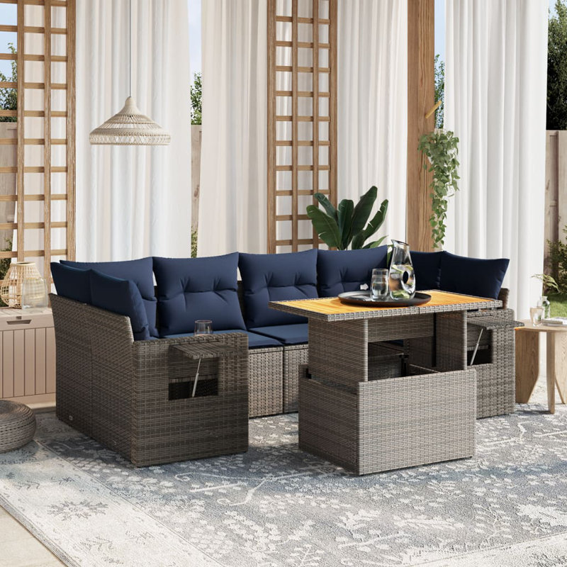  Ensemble de canapé de patio 7 pièces avec coussins en rotin de polyester, Gris, Bleu