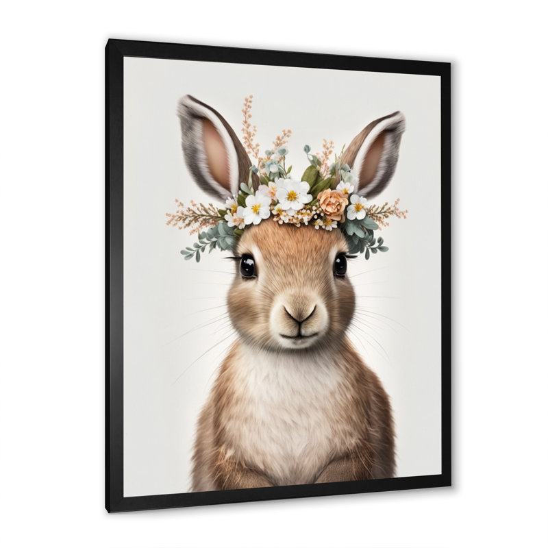 Mignon bébé lapin avec couronne florale II - animaux, art mural sur toile, L 16 po x H 32 po, Cadre photo noir