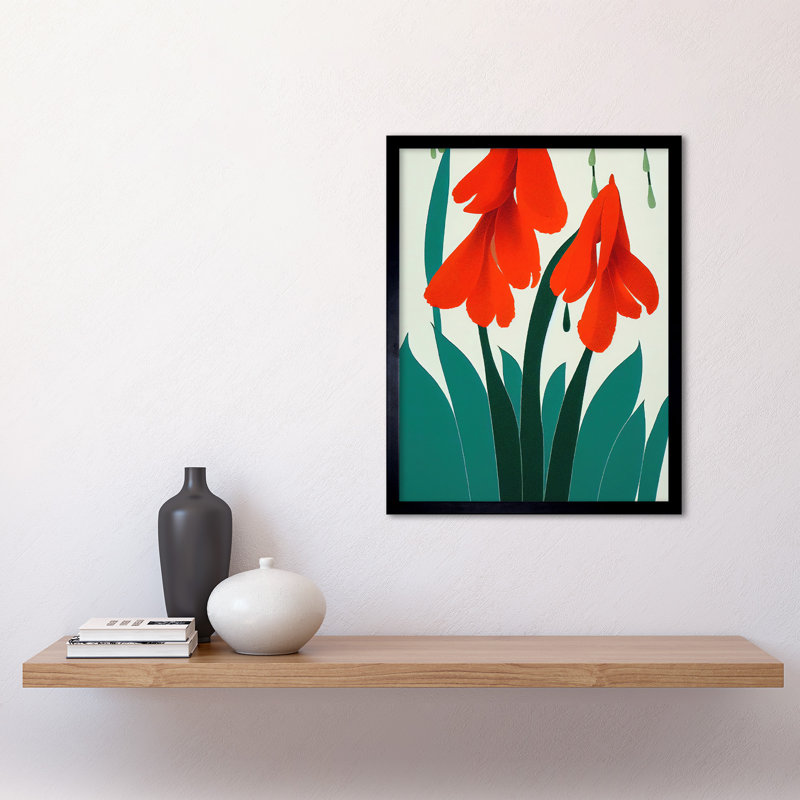 Crimson Red Bloom Wild Flowers Teal Leaves - Single Picture Frame Print