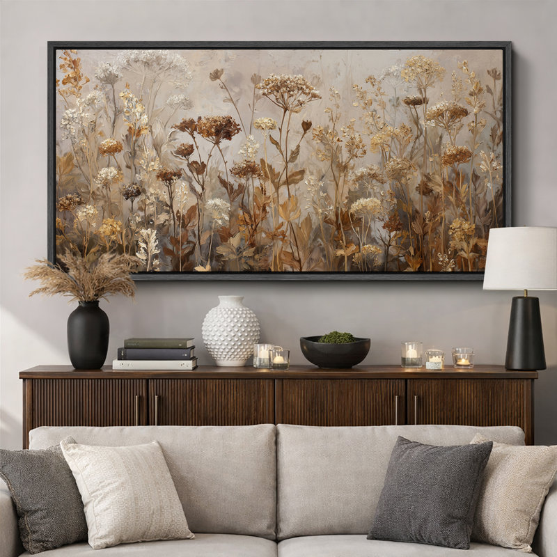 «Neutral Toned Dried Wildflowers Field», reproduction d'art sur toile encadrée, H 30 po x l 60 po x P 1,5 po