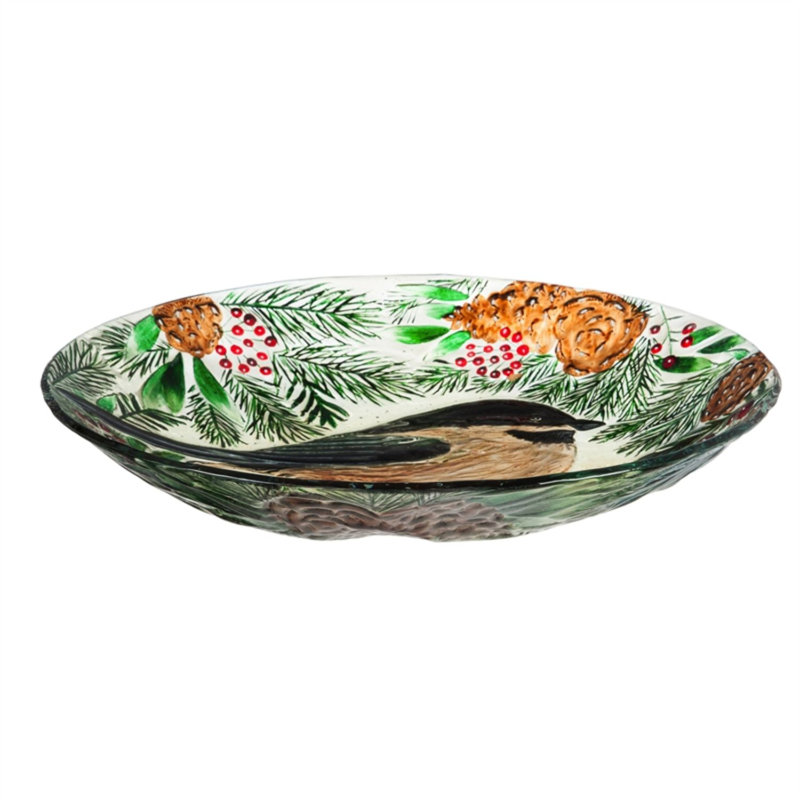 Bain d’oiseaux en verre estampé à la main à motif d’épinette et d’épinette d’hiver