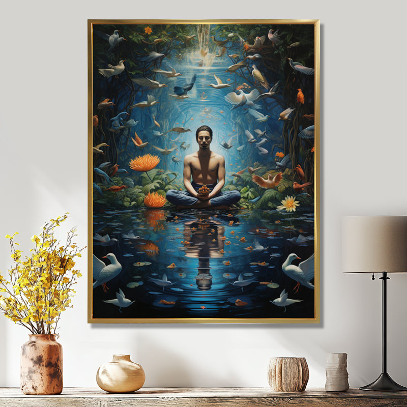 Yogi méditant sur un lac, fleur blanche, oiseau, yoga, décoration murale, Toile avec cadre flottant or