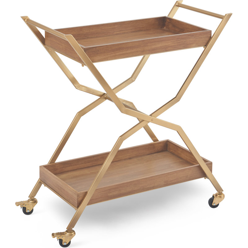 Gold and Walnut Wood 2-Tier Rolling Bar Cart with Storage