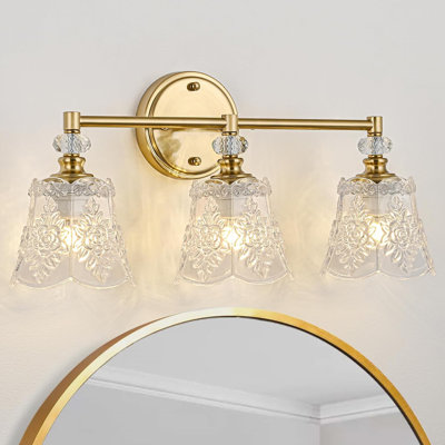 Vintage Bathroom Vanity Light Fixture, 3-Light With Rose Pattern Crystal Glass Shade, Retro