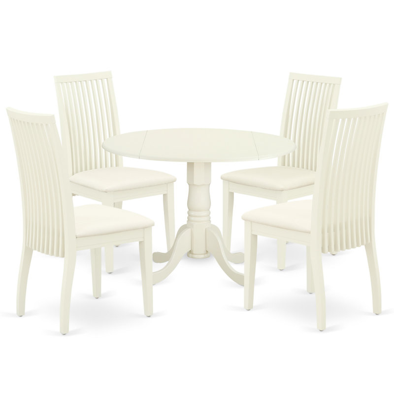L'ensemble 5 pièces de table et chaises de cuisine comprend une table de salle à manger ronde avec Dropleaf et 4 chaises de salle à manger en tissu de lin, 42 x 42 pouces, lin blanc