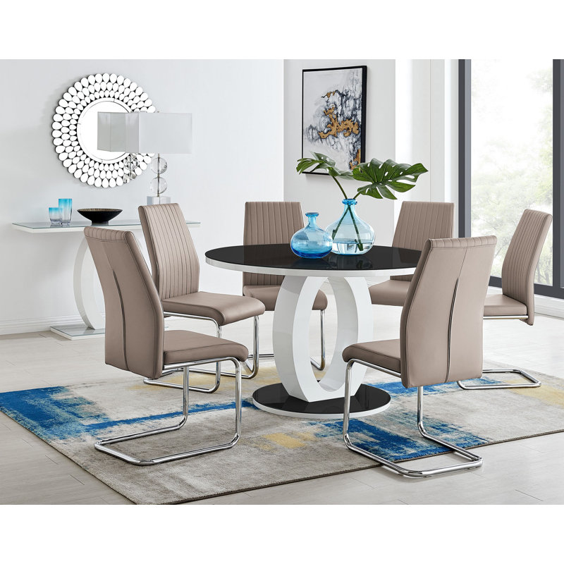 Scottsmoor 6 Seater High Gloss Round Dining Table Set with 6 Luxury Faux Leather Dining Chairs, Cappuccino, Gray