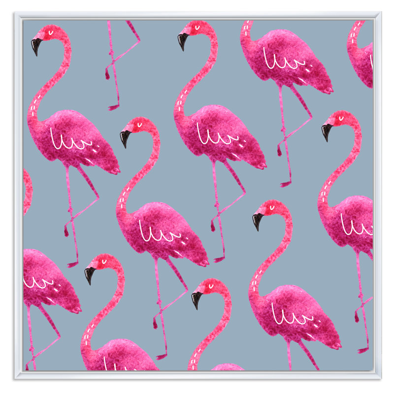 Flamants roses sur fond gris foncé - peinture sur toile, H 37 po x l 37 po x P 1,5 po, Cadre blanc