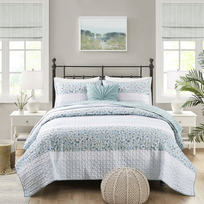 Courtepointe double / grand en seersucker avec coussin décoratif - 4 pièces à imprimé floral