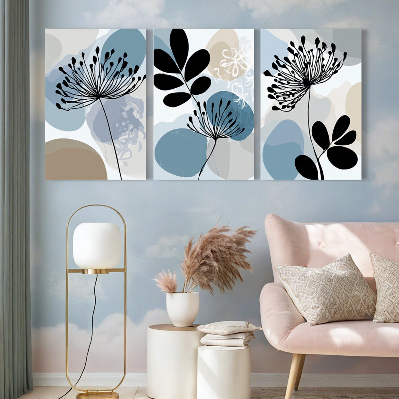 Motif floral abstrait et feuille abstraite, impression géométrique sur toile (ensemble de 3), H 30 po x l 60 po