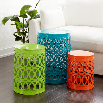 Multi Colored Metal Indoor Outdoor Nesting Accent Table with Carved Trellis Design 3 - Pieces