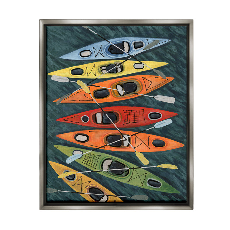 "Rainbow Hue Kayaks" par Michael Willett sur toile, H 31 po x l 25 po, Cadre flottant gris lustré