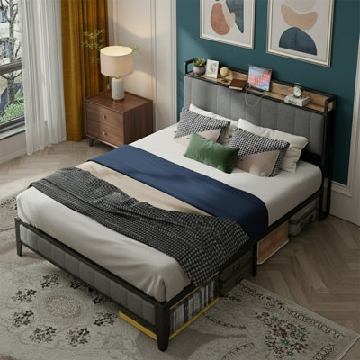 46" Queen Platform Bed, USB Charging, Curved Headboard, Gray