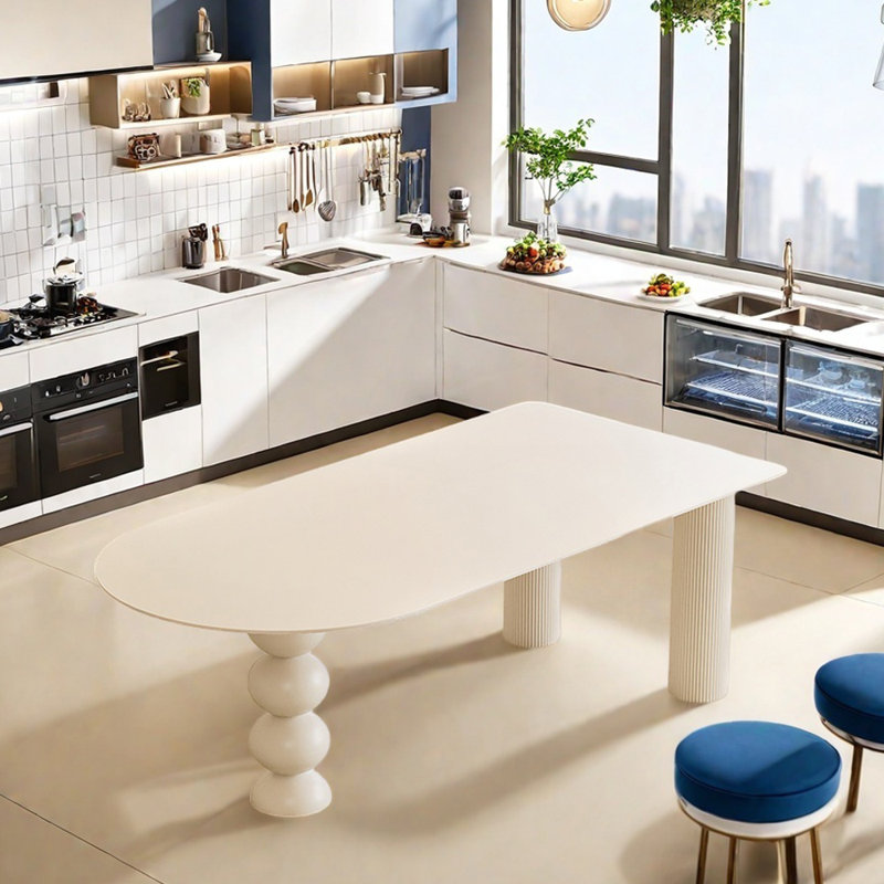 Modern Cream Style White Rock Slab Dining Table, 29.52"H x 70.86"L x 35.43"W