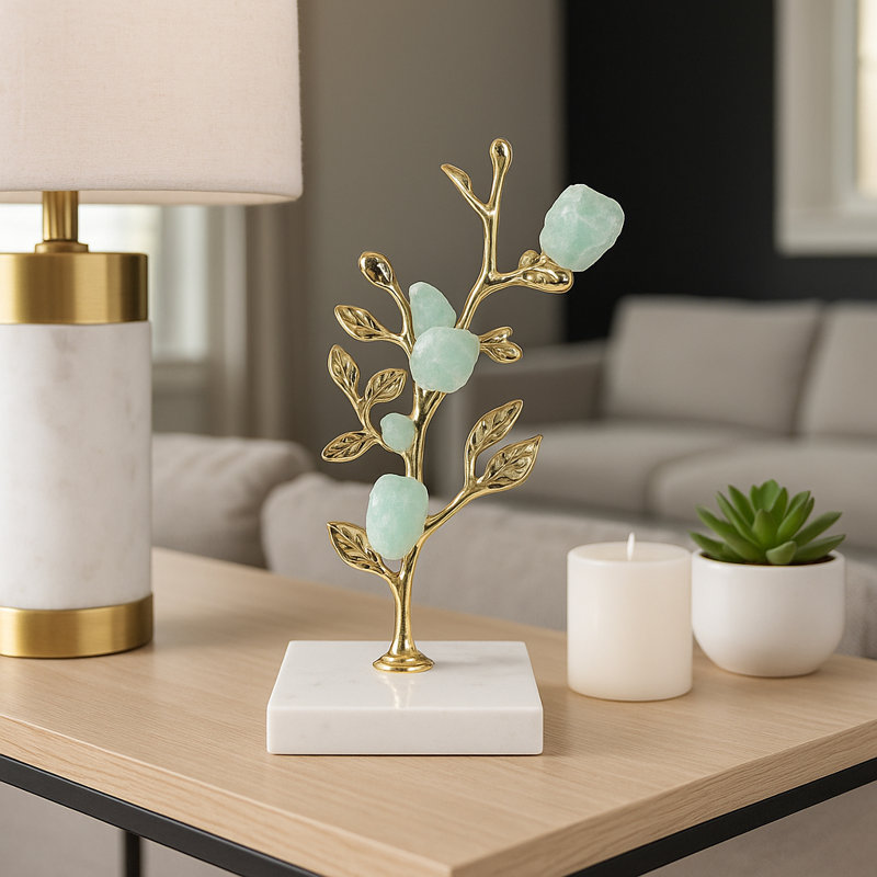 Flourite Crystal Sculpture with Marble - Decorative Objects for Home Decor - Charming Statue or Figurine Accent Decorations for Living Room - Green & Gold