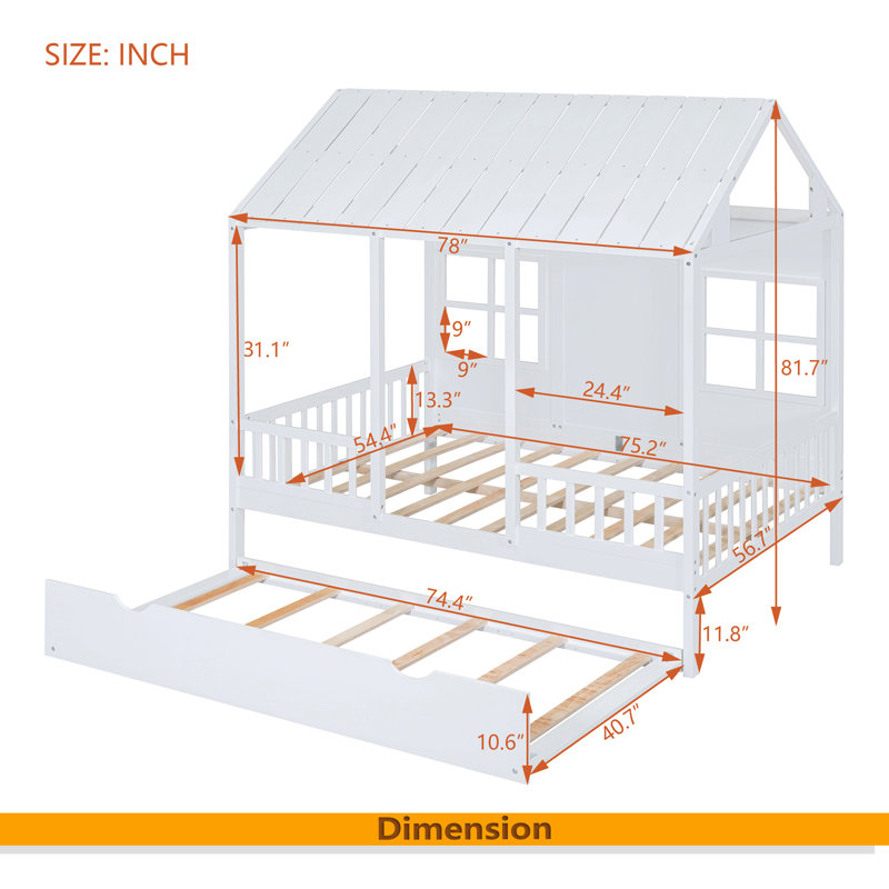 Lit en bois avec couchette Wood House, blanc, Complet/Double