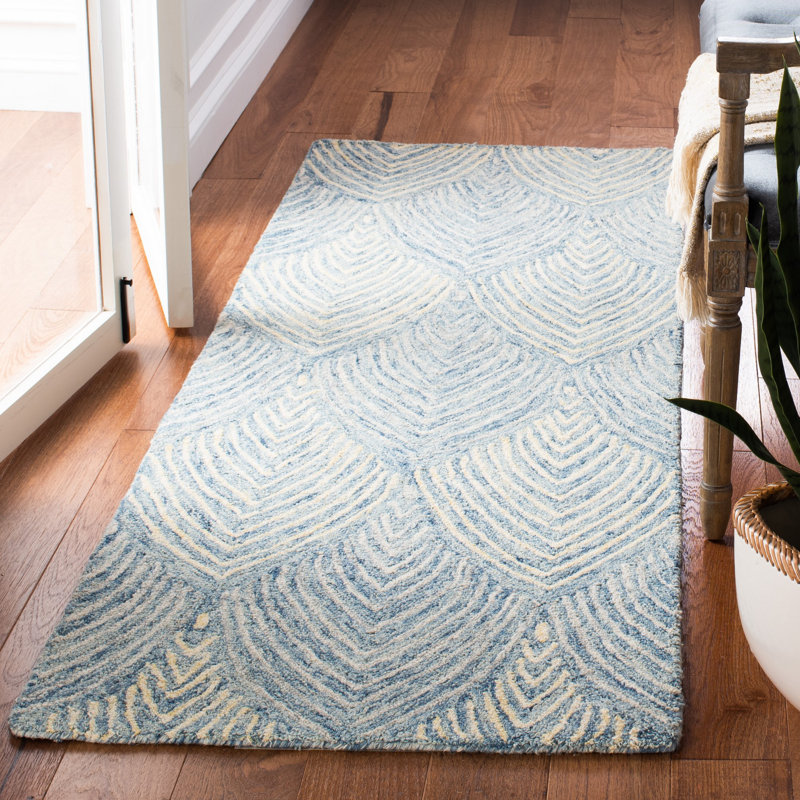 Tapis bleu / jaune en laine / coton touffeté à la main Micro-Loop, Tapis de couloir 2 pi 3 po x 7 pi