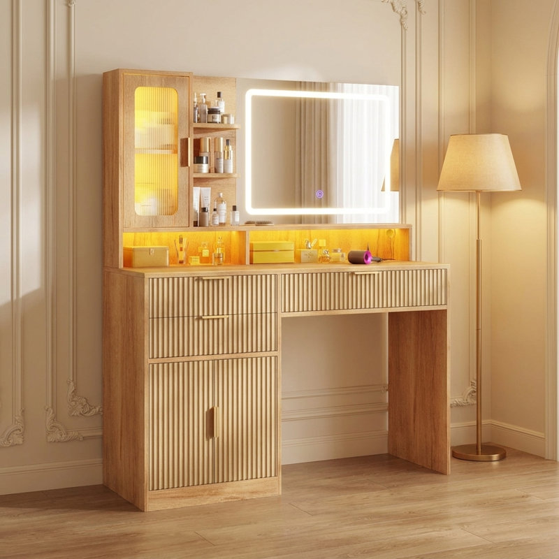 Meuble-lavabo cannelé 42,5 po avec miroir à écran tactile, station de charge et lumières RVB, et coiffeuse avec 3 tiroirs, armoire et tablettes