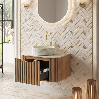 Meuble-lavabo flottant avec plateau en pierre frittée, armoire de rangement en contreplaqué à rayures 3D avec vasque, pré-assemblé, bois naturel