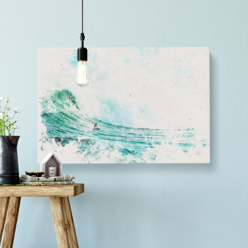 Surfing A Wave Watercolour - Wrapped Canvas Print, 35cm H x 50cm W x 3cm D