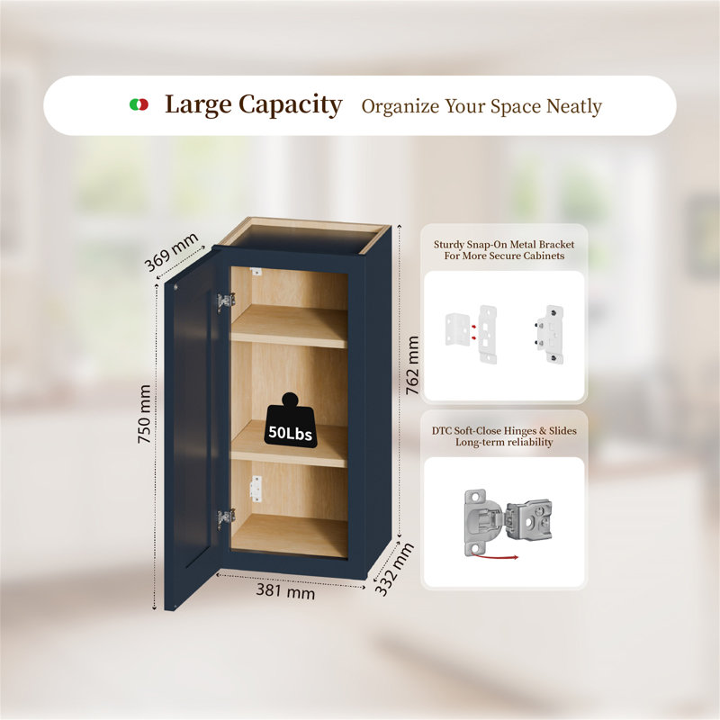 Armoire murale Shaker bleu marine de 38 cm (15 po) en bois massif avec 2 étagères réglables, prête à assembler pour la cuisine