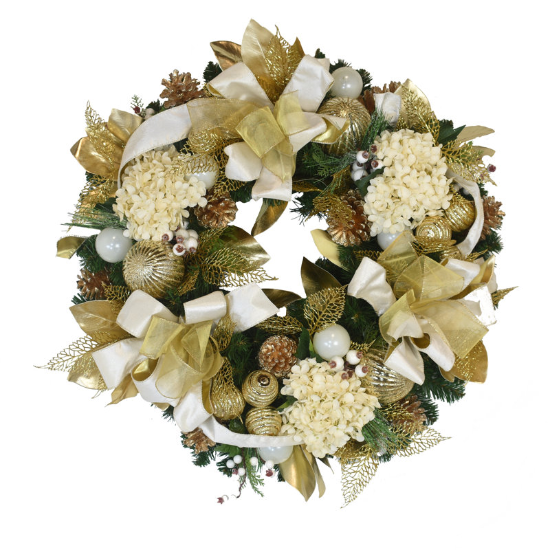 26" Holiday Wreath With Hydrangeas, Glitter Leaves, Ornaments And Bows, 32" H x 32" W x 11" D, Cream/Gold/Green