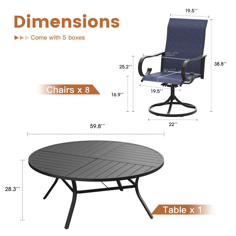 Ensemble repas pour 8 personnes avec table de salle à manger 60 po et 8 chaises pivotantes en textilène, Black/Blue