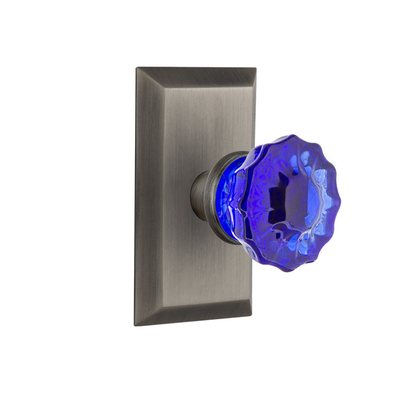 Plaque Studio avec bouton de porte en cristal cobalt, Étain antique, 2 3/4