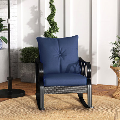 Navy Blue Rocking Chair With Soft Seat Cushion. Aluminum Frame And Accents For Garden Patio Use. Included Outdoor Cushions In Colour. Construction Accents. Stylish Enjoyment