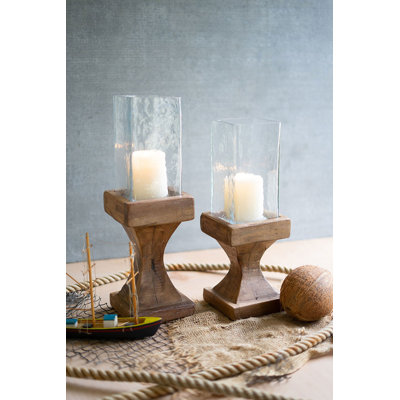  Square Hurricanes with Recycled Wood Bases 17" H Rustic Farmhouse Candle Holders, Set of 2