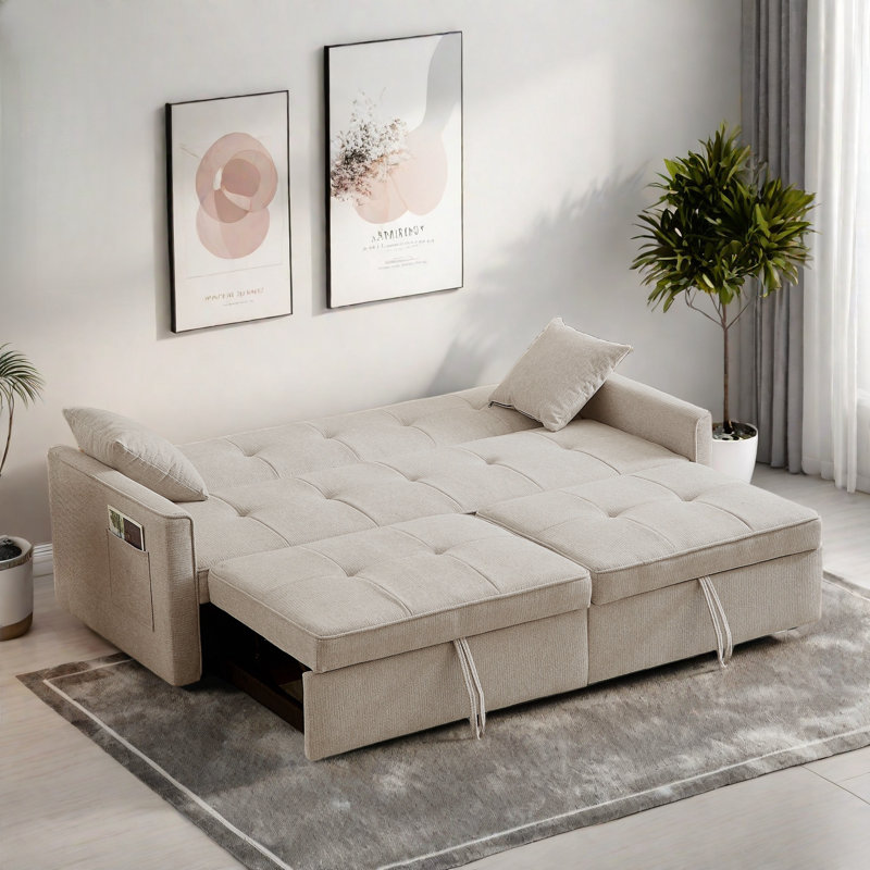 3 In 1 Convertible Sleeper Sofa Bed With Reclining Backrest, Pillows And Side Pockets, Beige