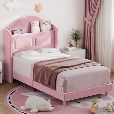 Structure de lit simple tapissier en velours avec oreilles, tête de lit bibliothèque et lumières à DEL pour enfants, sans bruit, sans sommier, assemblage facile, 2 pièces, rose
