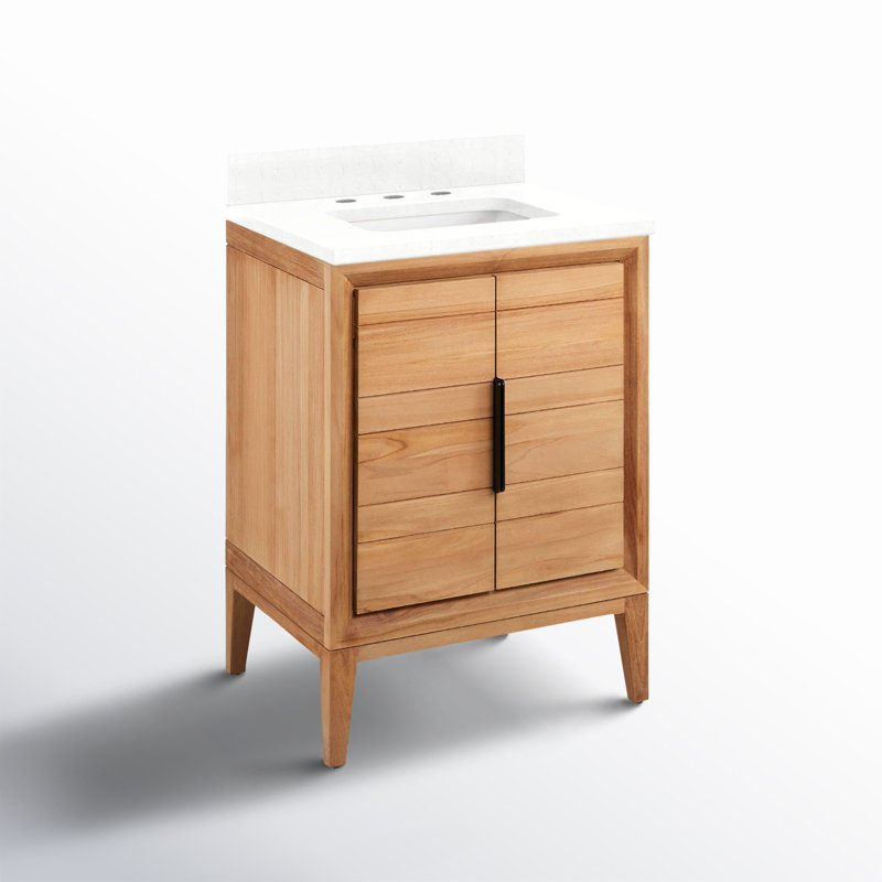 24" Aliso Single Bathroom Vanity Set with Rectangular Undermount Sink, Feathered White Quartz, 8" Widespread, Natural Teak