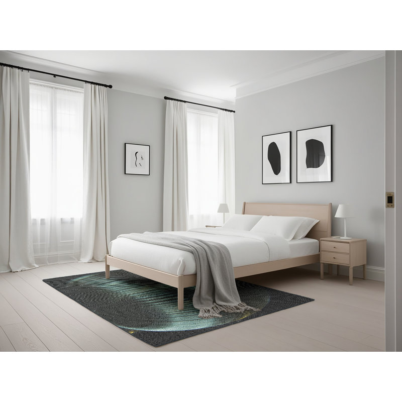 Laine tissée à la machine abstraite et polyester noir/vert Tapis décoratif, Rectangle 5 pi x 7 pi