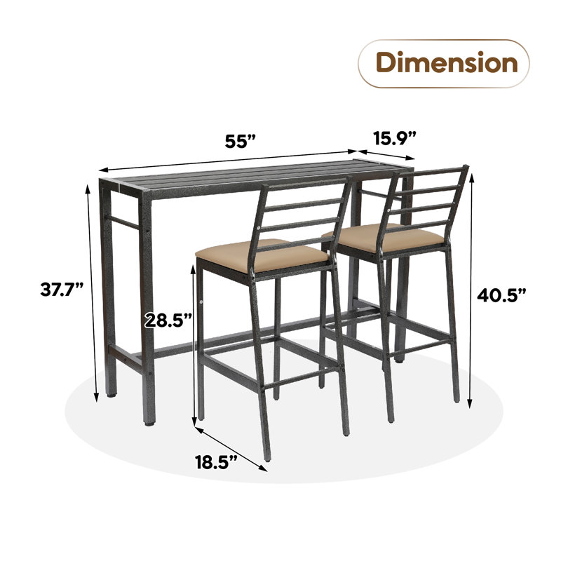 Outdoor Hdpe+Metal Frame 3-Piece Patio Bar Set, Outside Table With  2 Chairs For 2, With Cover