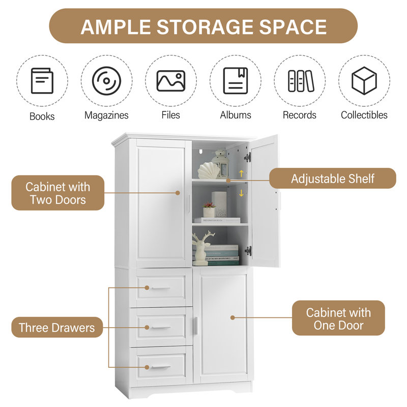 Bathroom Storage Cabinet With 3 Doors & 3 Drawers? - 32.6” Wide Water-resistant Mdf Organizer, Adjustable Shelf & Metal Hardware For Towels, Toiletries Storage