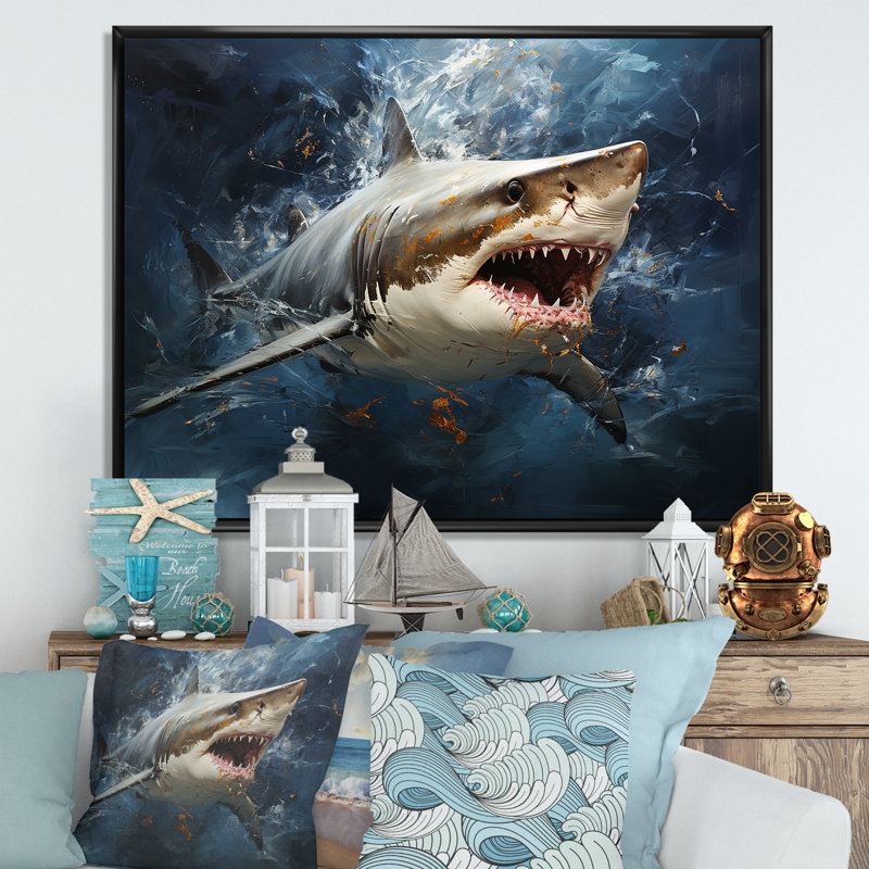 Underwater Shark Attack III - Sharkwall Art, Black Floater Framed, 12" H x 20" W x 1" D