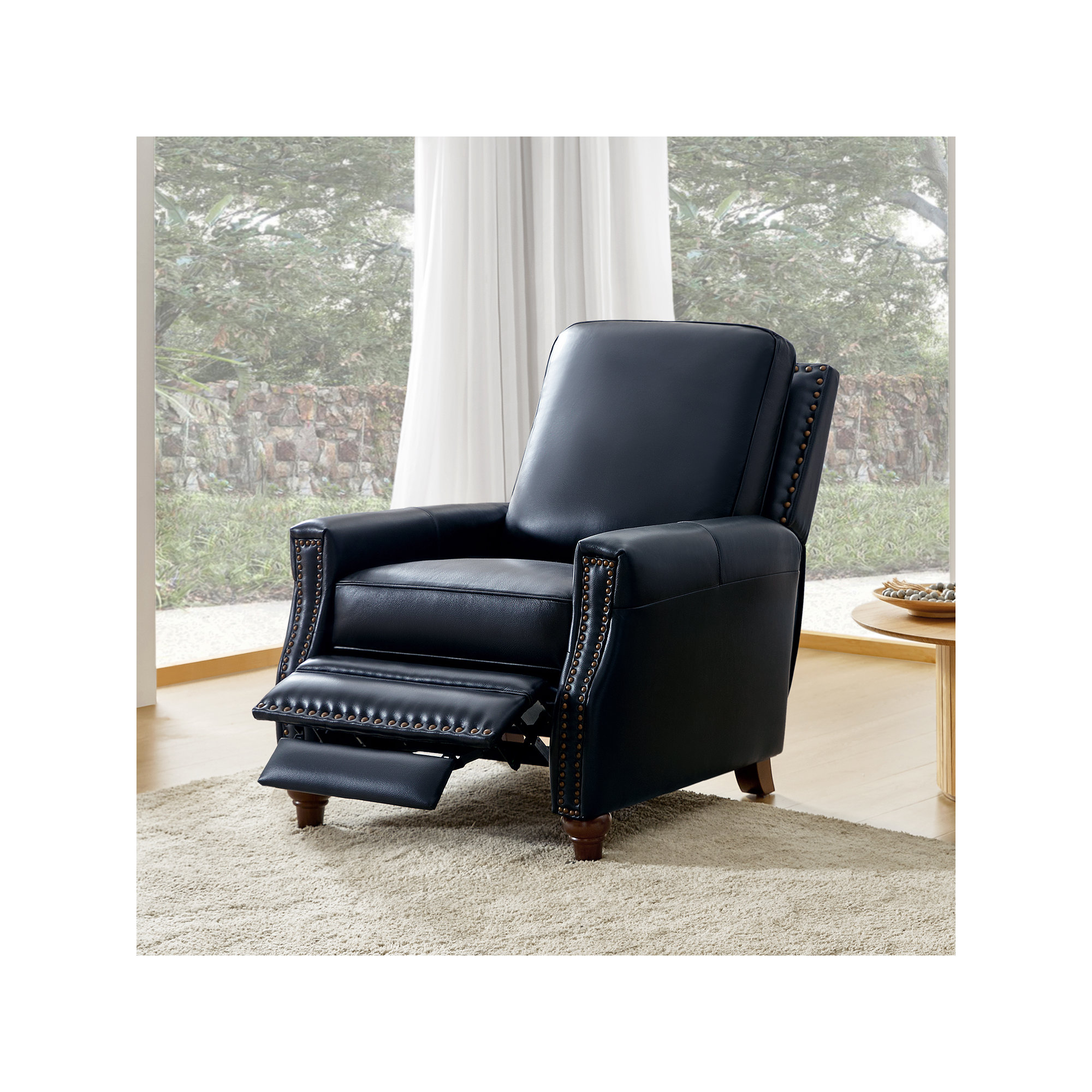 Andrena Genuine Leather Recliner with Nailhead Trim, Genuine Leather Navy