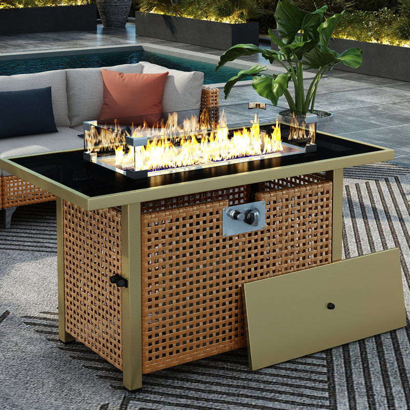 Table de feu de terrasse rectangulaire de 43 po, gaz propane 60000, tissage ouvert, pare-vent en verre pour patio extérieur - table de fosse orange et jaune moutarde avec pierres bleues,