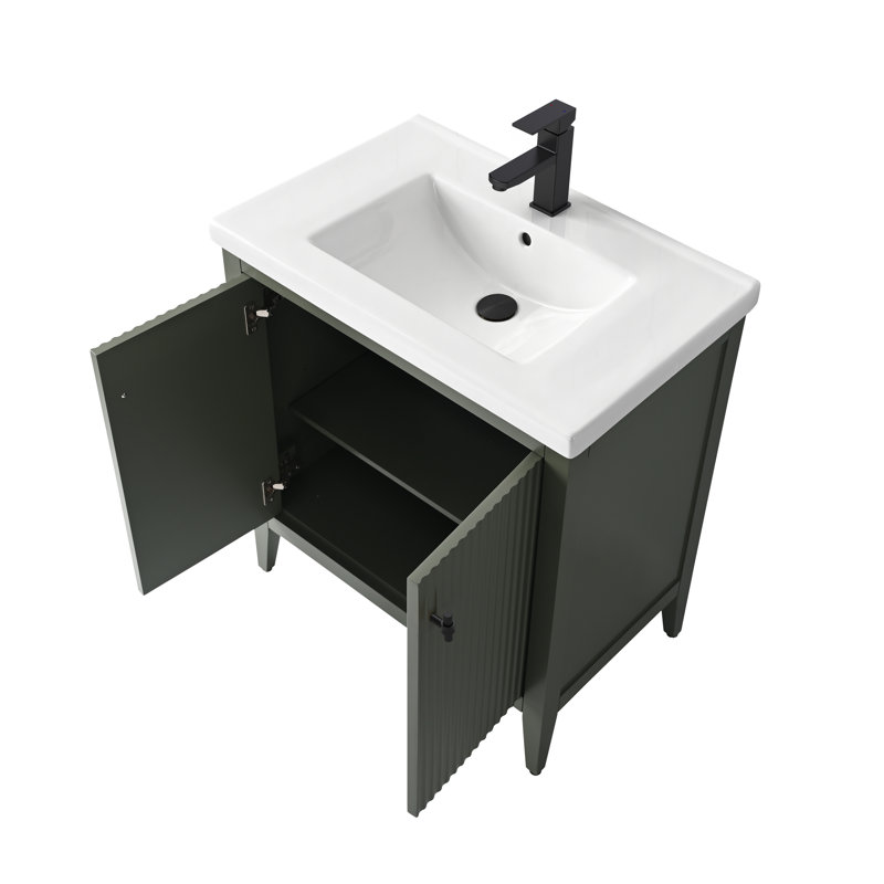 Meuble-lavabo simple pour la salle de bain avec plateau en céramique, Linéaire vert rétro, Noir mat, 30"