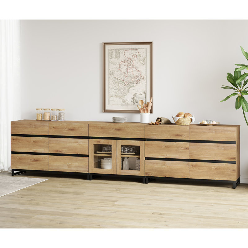 Buffet 3 en 1 moderne avec tablettes réglables et 13 tiroirs, armoire à café pour le salon, cuisine, Chêne