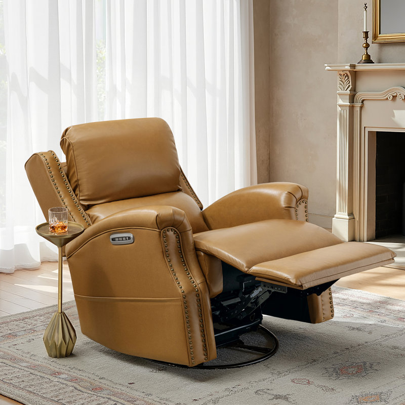 Bouton Traditional Genuine Leather Power Swivel Glider Recliner, Camel