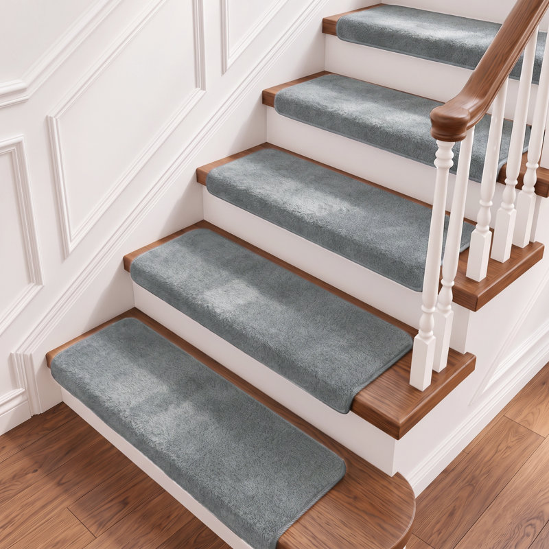 14 pièces de tapis d'escalier antidérapant pour escalier en bois Bullnose 9,5 po x 30 po, Solid, Gris