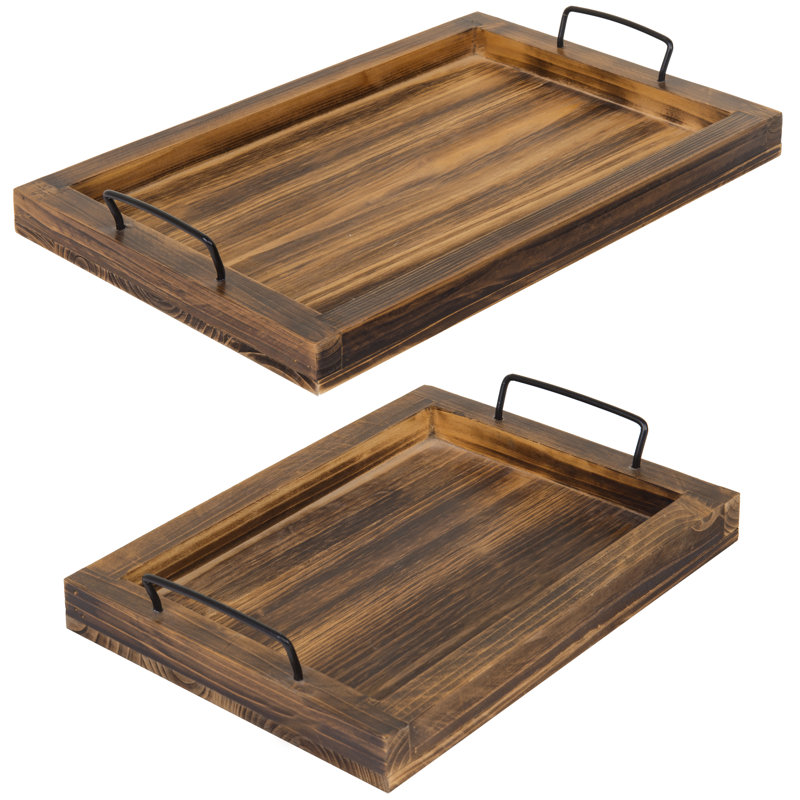 2 Piece Ottoman/Coffee Table Serving Tray Set, Brown