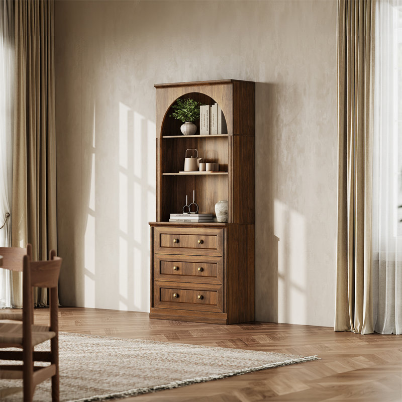 Bibliothèque modulaire moderne Monos avec tiroirs, meuble bas et étagère haute carrée, noyer, Walnut