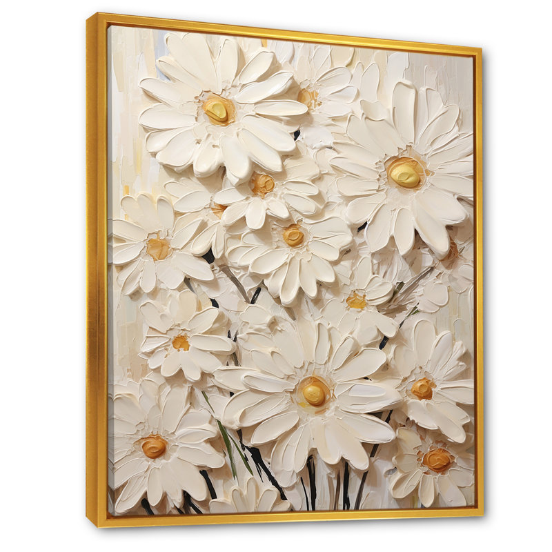 «White Daisy Fields Elegance III», reproduction sur toile, Cadre flottant doré, H 44 po x l 34 po x P 1,5 po
