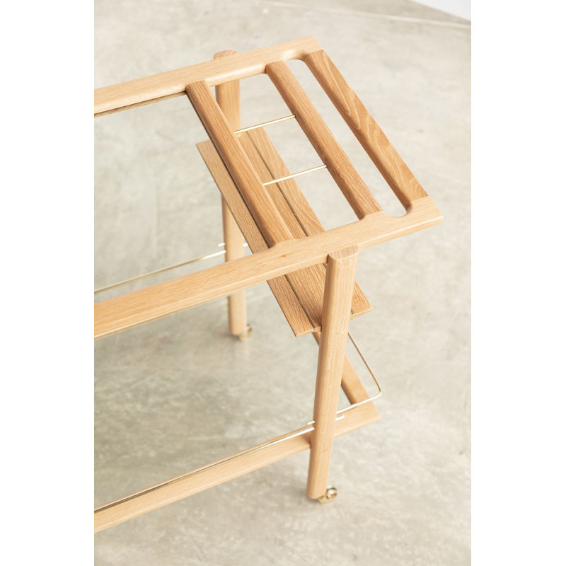 Solid Wood Bar Cart with Wheels, White Oak/Brass