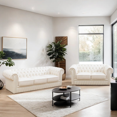 Alexea 2-Piece Button-Tufted Genuine Cowhide Leather Luxury Chesterfield Living Room Sofa Set