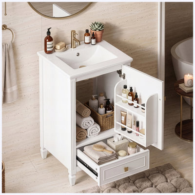 Meuble-lavabo autoportant de 20 po avec lavabo en céramique, armoire de rangement et support de rangement blanc
