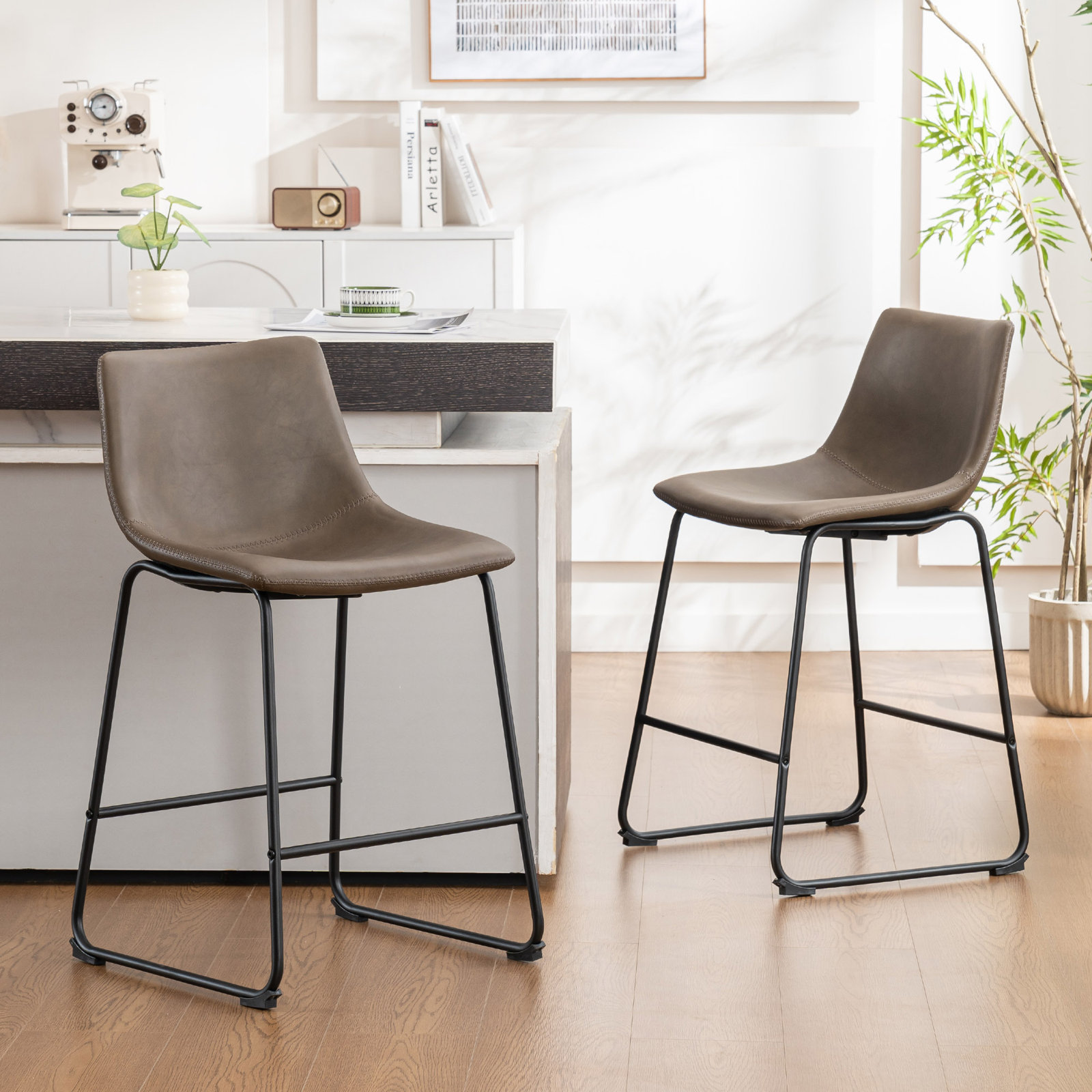 Anke Vegan Leather Armless (Set of 2), Dark Brown, Counter Stool (24” Seat Height)