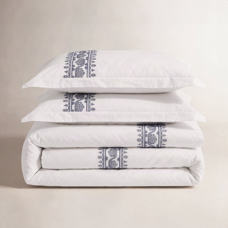 Frankton Embroidered Cotton Traditional 3 Piece Duvet Cover Set, Full/Queen, Gray/White